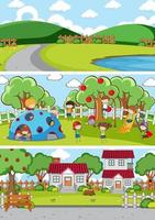 Set of different horizontal scenes background with doodle kids cartoon character vector