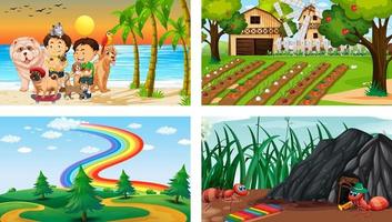 Four different scenes with children cartoon character vector