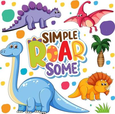 Set of isolated cute dinosaurs cartoon character with font banner