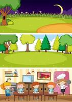 Set of different horizontal scenes background with doodle kids cartoon character vector