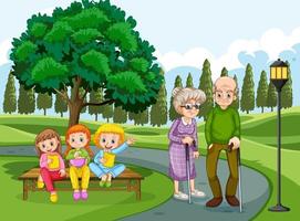 abuelo y abuela en el parque con muchos niños. vector