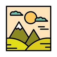 landscape mountains hills sun clouds sky cartoon line and fill style vector