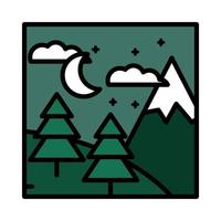 landscape mountain pine trees night moon sky nature scene line and fill style vector