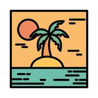 paisaje isla tropical palmera sol línea de dibujos animados y estilo de relleno vector