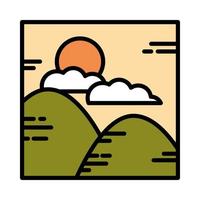 paisaje montañas naturaleza nubes sol línea de dibujos animados y estilo de relleno vector
