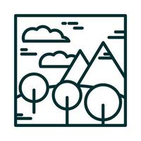 landscape mountains round trees field sky clouds cartoon line icon style vector