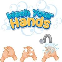 Wash your hands font design with virus spreads from shaking hands on white background vector