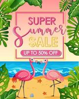 Super Summer Sale banner with flamingo at the beach vector