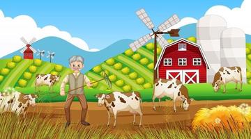 Farm at daytime scene with old farmer man and farm animals vector