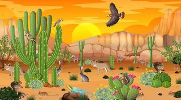 paisaje de bosque desértico en la escena del atardecer con animales salvajes vector