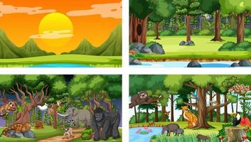 Conjunto de escena horizontal de bosque diferente con varios animales salvajes vector