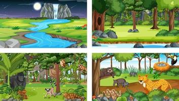 Conjunto de escena horizontal de bosque diferente con varios animales salvajes vector