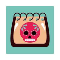 día de los muertos cráneo en calendario recordatorio festival celebración mexicana icono bloque y plano vector