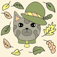 dibujo de un gato gris con un sombrero y hojas de otoño vector