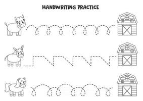 Tracing lines with black and white cute farm animals Writing practice vector