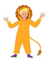 Children pajama party costume. Kid wearing jumpsuit or kigurumi isolated on white background. Carnival costume vector