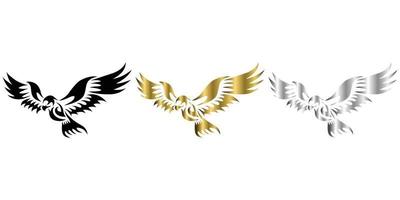 three color black gold silver vector logo of eagle that is flying