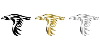 three color black gold silver Line art vector illustrator of eagle that is flying