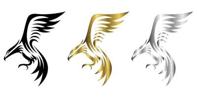 three color black gold silver Line art vector logo of eagle that is flying