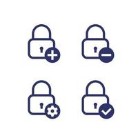 Lock with add sign, minus, gear and tick, security icons on white vector