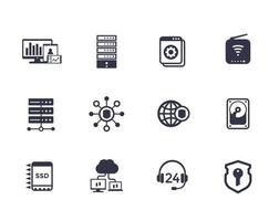 Hosting, servers, network infrastructure, data storage vector icons on white