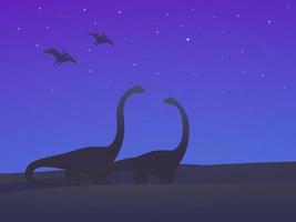 dinosaurs, sauropods and pterodactyls at night vector illustration