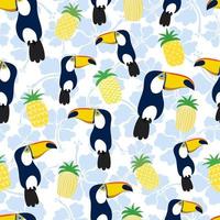 Exotic bird toucan, pineapples and flowers Seamless pattern vector