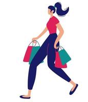 Mujer con bolsas de compras personaje femenino con paquetes en sus manos sobre fondo blanco concepto de publicidad de venta vector ilustración plana