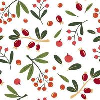 Autumn wild berries seamless pattern. Background with rowan and rosehip berries. Design for poster, kitchen textiles, clothing and wallpaper. Flower graphic design. Botany texture. Vector