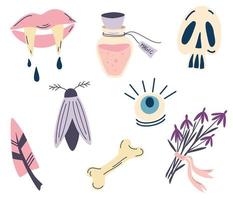 Set of magical items for Halloween. Mystical and magical elements. The symbol of witchcraft. Lips with vampire fangs, Skull, Potion, Eye, Bone, Moth, Feather. Vector illustration in cartoon style.