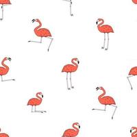 Vector seamless pattern of outline cartoon pink peach flamingos isolated on white background Doodle animal is active dancing rejoices rests relaxes dreams walks