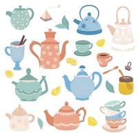 Collection of tea time elements Vector tea icons Teapots cups cupcakes and sweets honey lemon isolated on white background Design elements