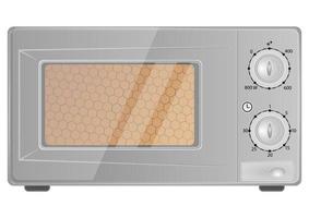 Realistic microwave oven in grey color. Household appliance to heat and defrost food, for cooking, with timer and buttons. Modern microwave icon isolated on white background vector