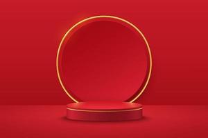 Modern red and gold cylinder pedestal podium. Red color minimal wall scene, Shiny golden circle backdrop. Vector rendering 3d shape, Product display presentation. Geometric platform. Abstract room.