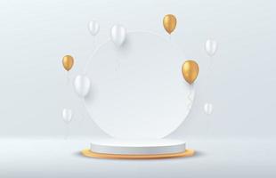 Modern white and gold cylinder pedestal podium. Silver color minimal wall scene with circle backdrop. White balloon decorate. Vector rendering 3d shape, Product display presentation. Abstract room.