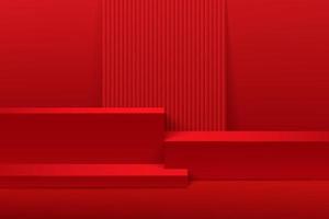 Modern red cube shape steps pedestal podium. Red minimal wall scene with vertical line texture in shadow. Vector rendering 3d shape, Product display presentation. Abstract room. Platform design.