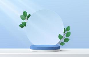 Modern white and blue cylinder pedestal podium. Blue pastel circle backdrop with green leaf decorate. Vector rendering 3d shape products display presentation. Minimal wall scene. Abstract studio room.