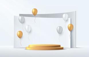 Modern luxury gold cylinder pedestal podium. White minimal wall scene with geometric backdrop. White, gold balloon decorate. Vector rendering 3d shape, Product display presentation. Abstract room.