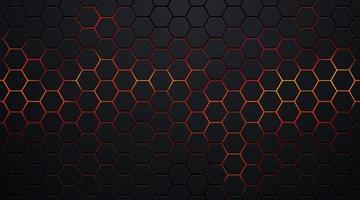 Dark black hexagon pattern on red, orange neon abstract background in technology style. Modern futuristic geometric shape web banner design. You can use for cover template, poster. Vector illustration