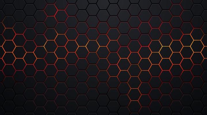 Dark black hexagon pattern on red, orange neon abstract background in technology style. Modern futuristic geometric shape web banner design. You can use for cover template, poster. Vector illustration