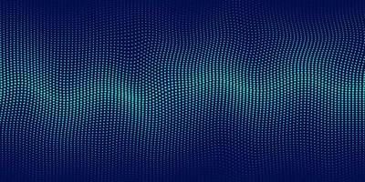 Abstract wavy dots pattern banner design with copy space. Technology green, blue particles 3D movement of sound dynamic on dark blue background. Modern futuristic concept. Vector illustration