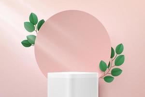 Modern white round corner cube pedestal podium. Pink pastel circle backdrop with green leaf decorate. Vector rendering 3d shape products display presentation. Minimal wall scene. Abstract studio room.