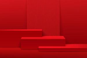 Modern red cube shape steps pedestal podium. Red minimal wall scene with vertical line texture in shadow. Vector rendering 3d shape, Product display presentation. Abstract room. Platform design.