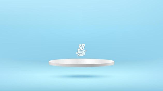 White pedestal floating on light blue space. Modern shiny silver cylinder podium. Abstract modern vector rendering 3d shape for products display presentation. Pastel minimal wall scene.