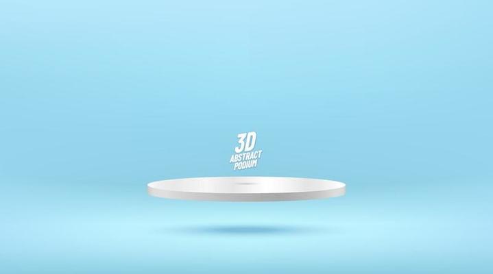 White pedestal floating on light blue space. Modern shiny silver cylinder podium. Abstract modern vector rendering 3d shape for products display presentation. Pastel minimal wall scene.