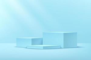 Modern light blue color cube step podium. Soft blue wall scene. Window lighting. Abstract vector rendering 3d shape for products display presentation. Geometric pedestal Minimal style.