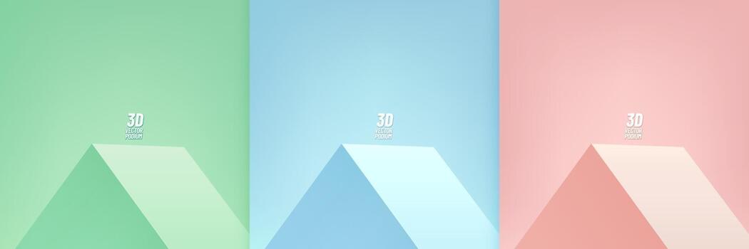 Abstract modern vector rendering 3d shape for cosmetic products display presentation. Set of green, blue, pink triangle shape pedestal podium design. Pastel color minimal wall scene. Vector EPS10