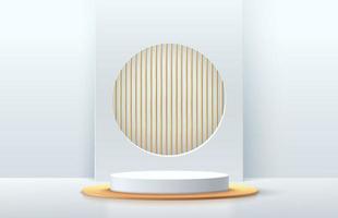 Modern white and gold cylinder pedestal podium. Silver color minimal wall scene. Geometric backdrop with vertical golden stripe. Vector rendering 3d shape, Product display presentation. Abstract room.