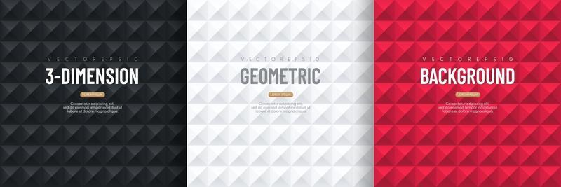 Set of black, white and red Geometric 3D pattern background. Abstract triangle texture design. Luxury and elegant collection design. Vector illustration