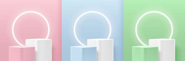 Set of green, blue, pink round corner cube pedestal podium. Glowing neon ring. Pastel color room. Abstract modern vector rendering 3d shape for cosmetic products display. Minimal wall scene.